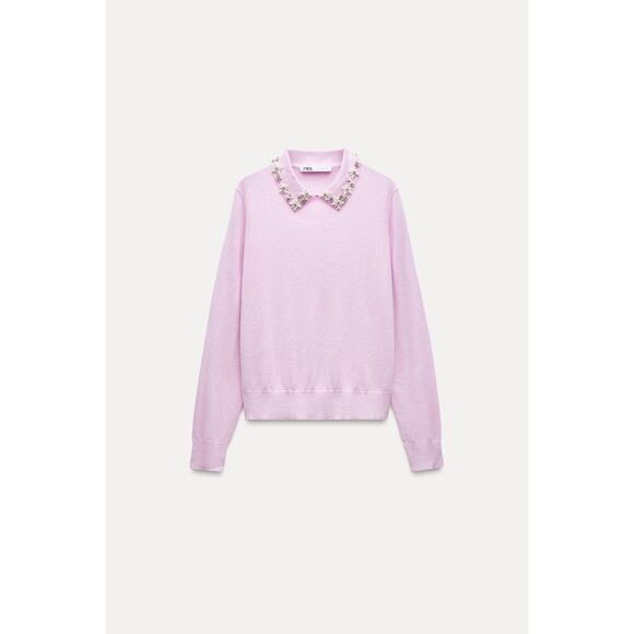 Purple Lilac Zara Pointed Jewel Rhinestone Bead Embellished Collar Knit Sweater - Picture 4 of 7